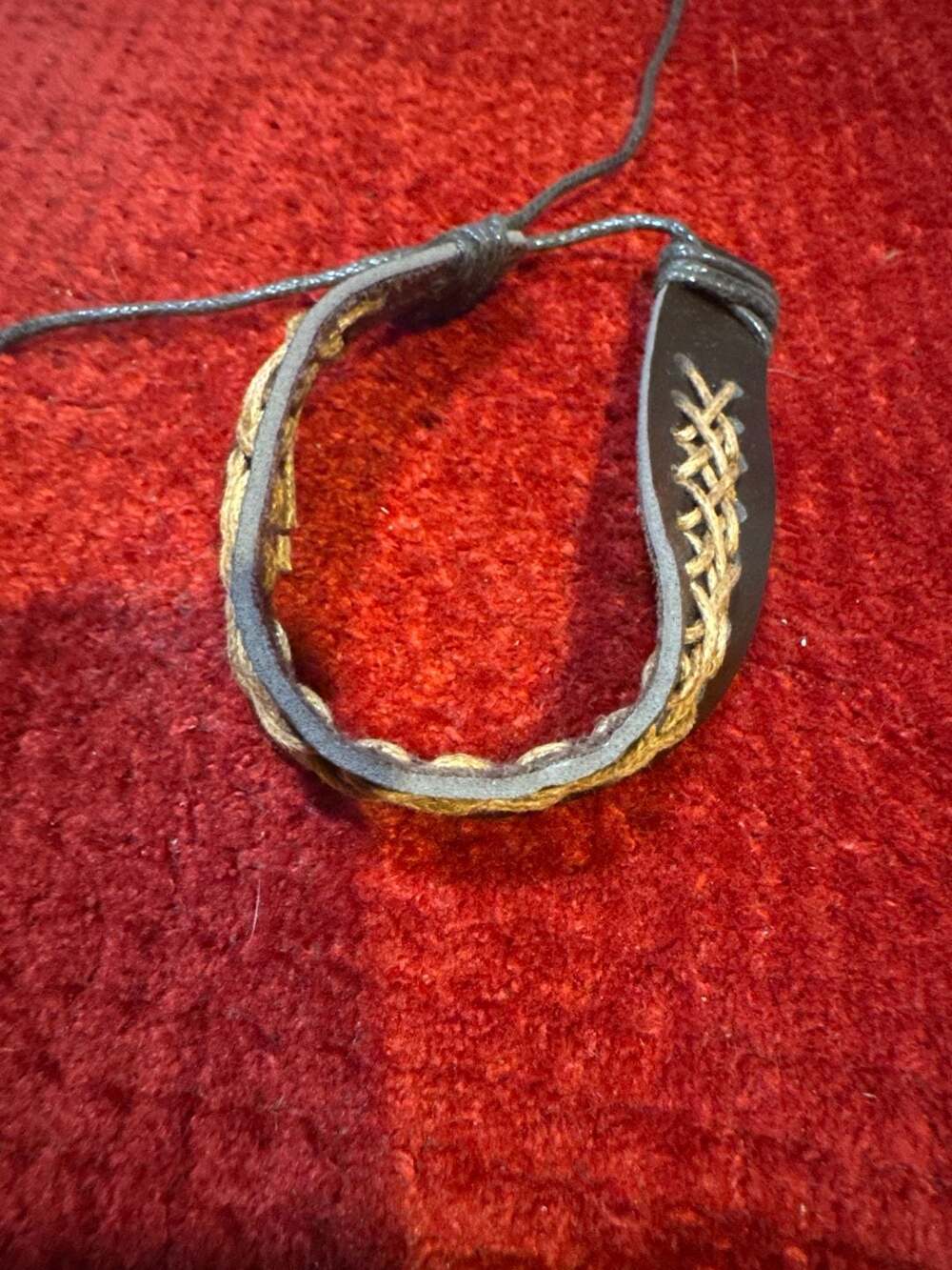 Brown Leather and Hemp Cord Cross-Stitch Adjustable Wrap Bracelet